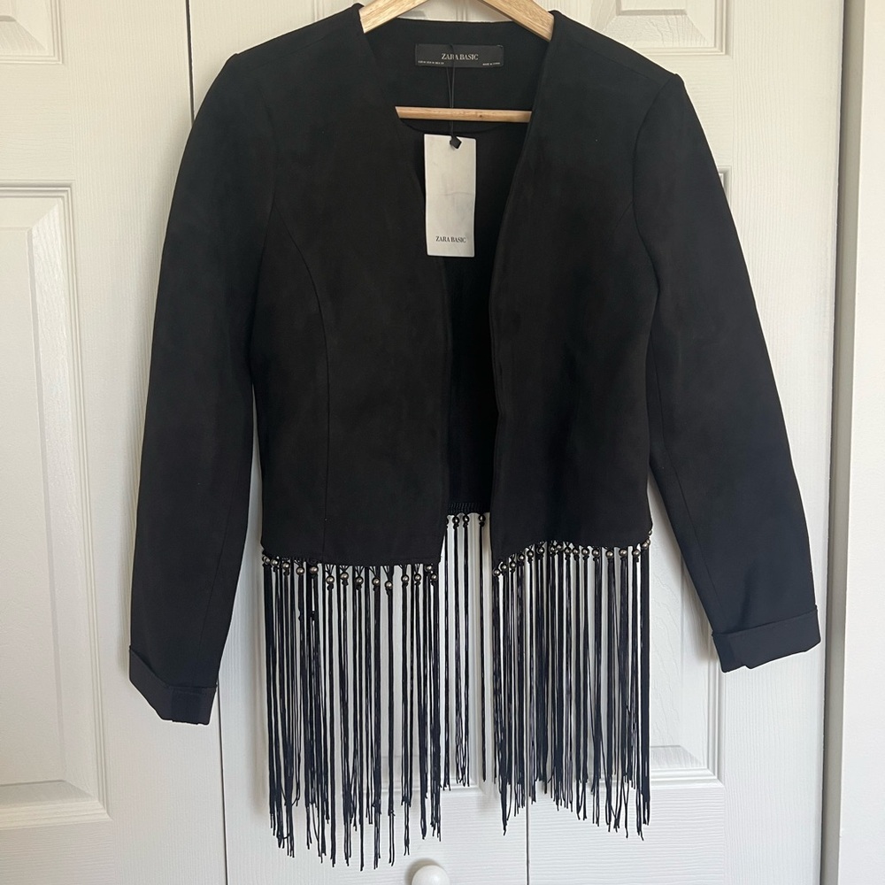 Zara Basic Elegant Black pleather jacket with fringes size medium